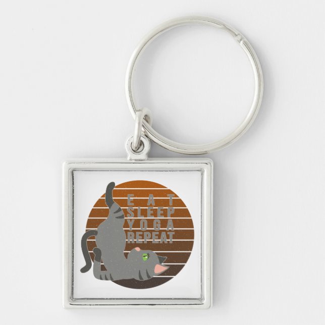 Cute funny cat doing yoga. funny yoga design keychain (Front)