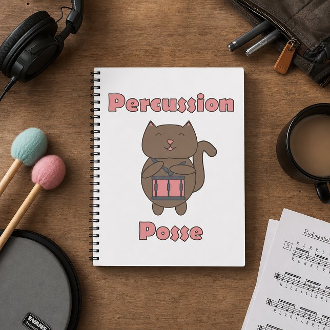Cute Funny Cat Drummer Percussion Posse Notebook (A notebook with a cat playing the a snare drum with the text percussion posse.)