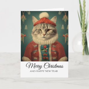 Cute Funny Cat in Costume Script Merry Christmas  Card