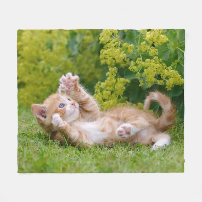 Cute funny cat kitten playing in a flowery garden fleece blanket (Front (Horizontal))