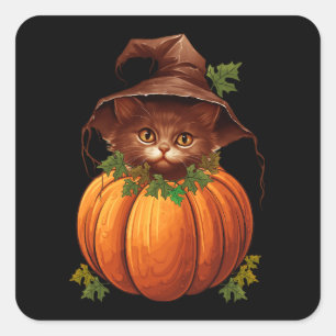 CUTE FUNNY CAT PUMPKIN SQUARE STICKER