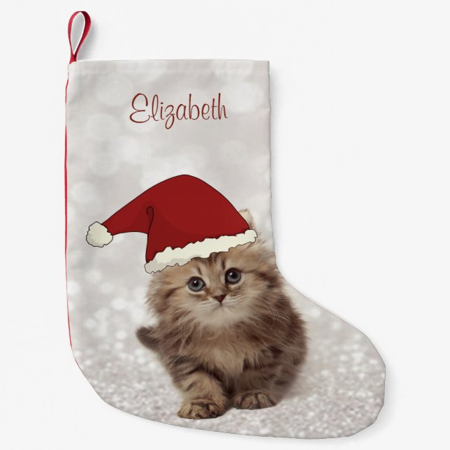 Cute Funny Cat With Santa Hat,Glittery Bokeh Small Christmas Stocking (Front)