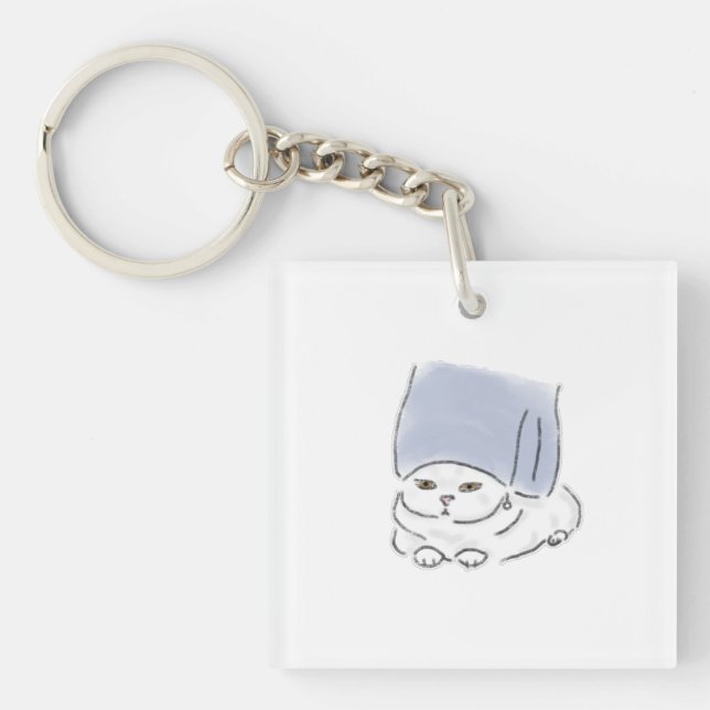 Cute Funny Cat with Towel Wrap and Earring Hand Dr Keychain (Front)
