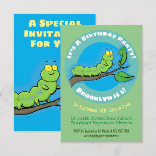 Cute funny caterpillar on a branch cartoon invitation
