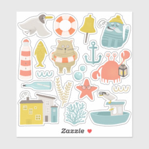 Cute funny cats, gull, crab. Nautical sea animals