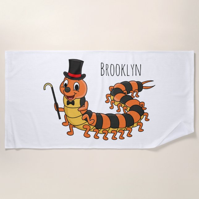 Cute funny centipede cartoon illustration beach towel (Front)