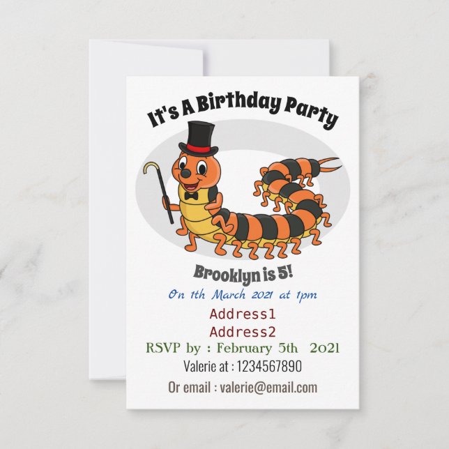 Cute funny centipede cartoon illustration invitation (Front)