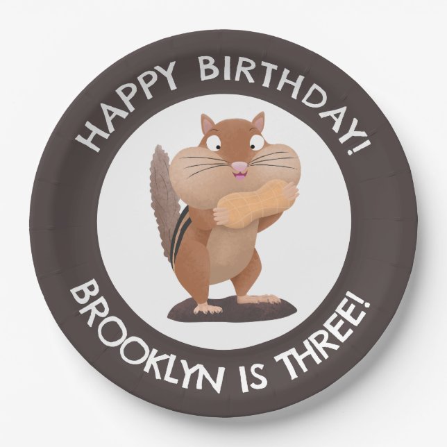 Cute funny chipmunk cartoon personalized birthday paper plate (Front)