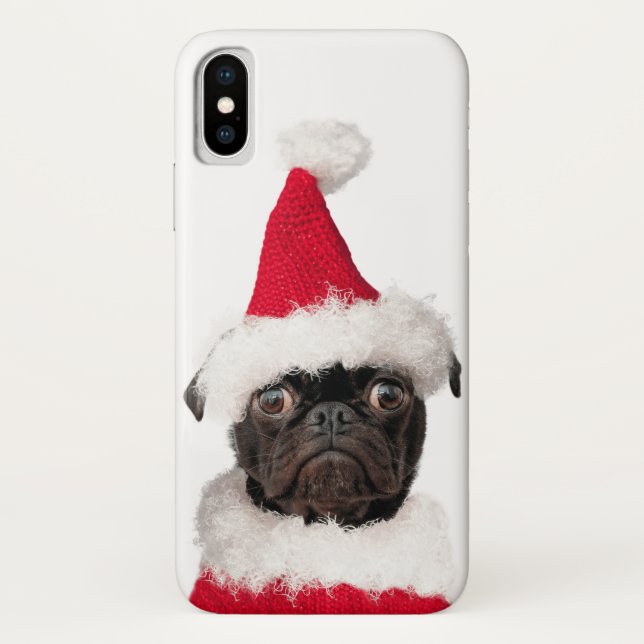 Cute Funny Christmas Black Pug Puppy Santa Case-Mate iPhone Case (Back)
