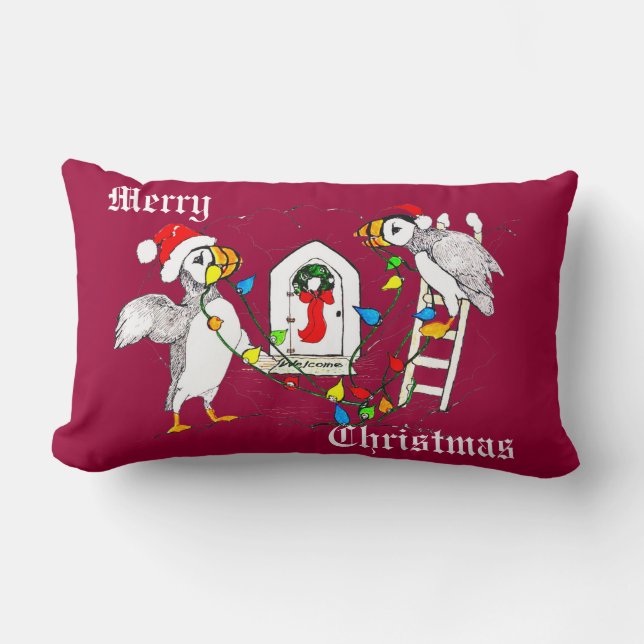 Cute Funny Christmas Hornbill Puffin Holiday Lumbar Pillow (Front)