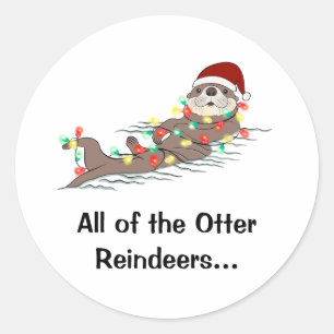 Cute Funny Christmas Lights Otter Reindeers  Classic Round Sticker