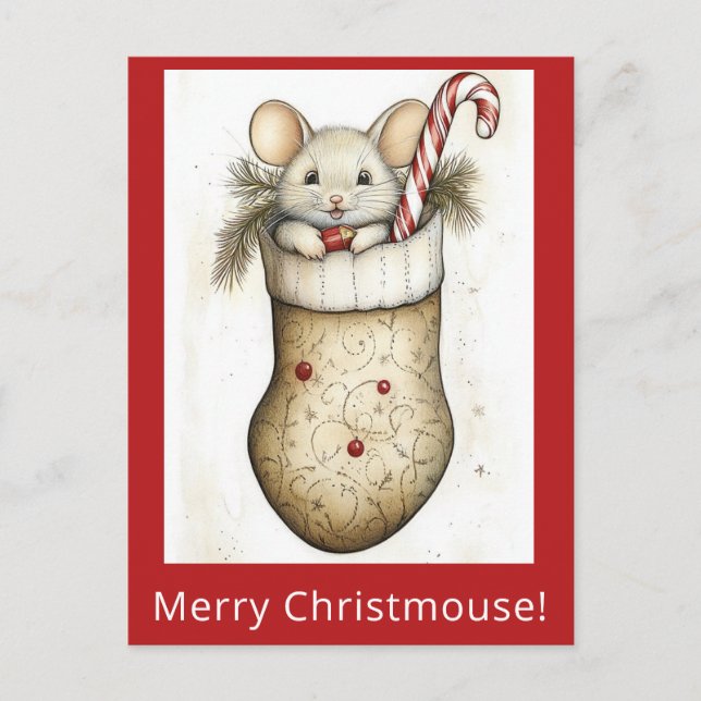 Cute Funny Christmas Mouse Stocking Watercolor Postcard (Front)