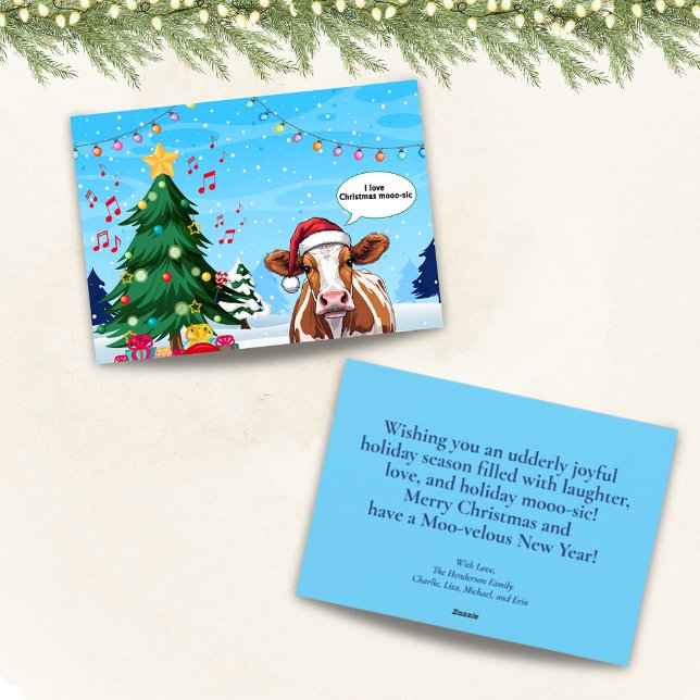 Cute Funny Christmas Santa Cow Cartoon Holiday Card (Sure to bring smiles, our funny Santa Cow loves Christmas “mooo-sic.” Personal msg. on the back.)