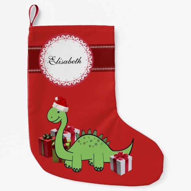 Cute funny Christmas Santa dinosaur personalized Small Christmas Stocking (Front)