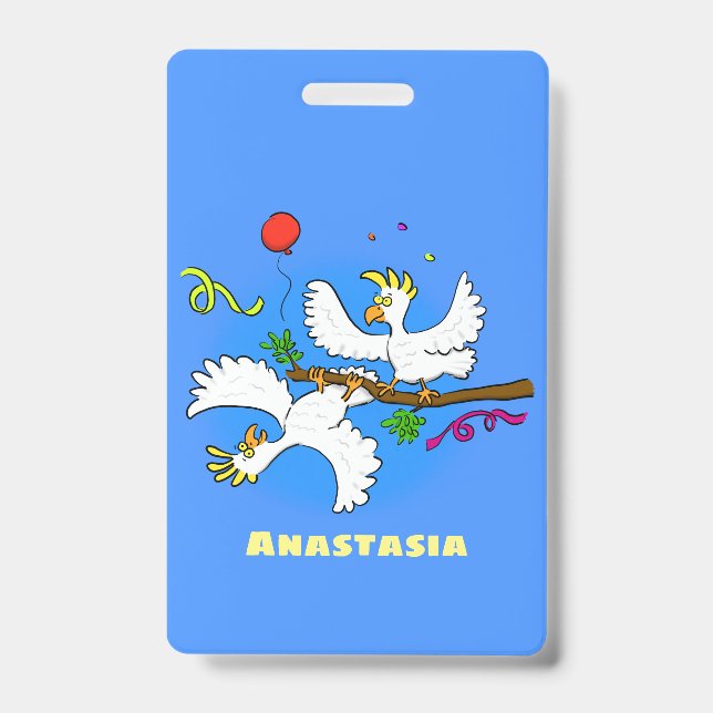 Cute funny cockatoo birds cartoon badge (Front)