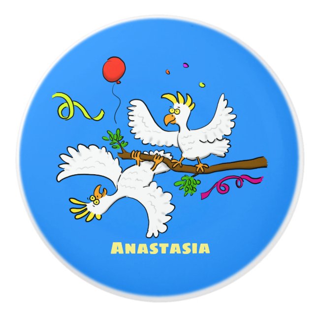 Cute funny cockatoo birds cartoon ceramic knob (Front)