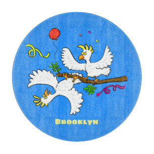 Cute funny cockatoo birds cartoon cutting board