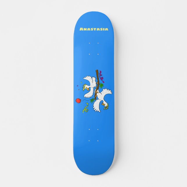 Cute funny cockatoo birds cartoon skateboard (Front)