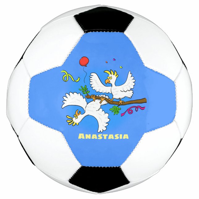 Cute funny cockatoo birds cartoon soccer ball (Front)