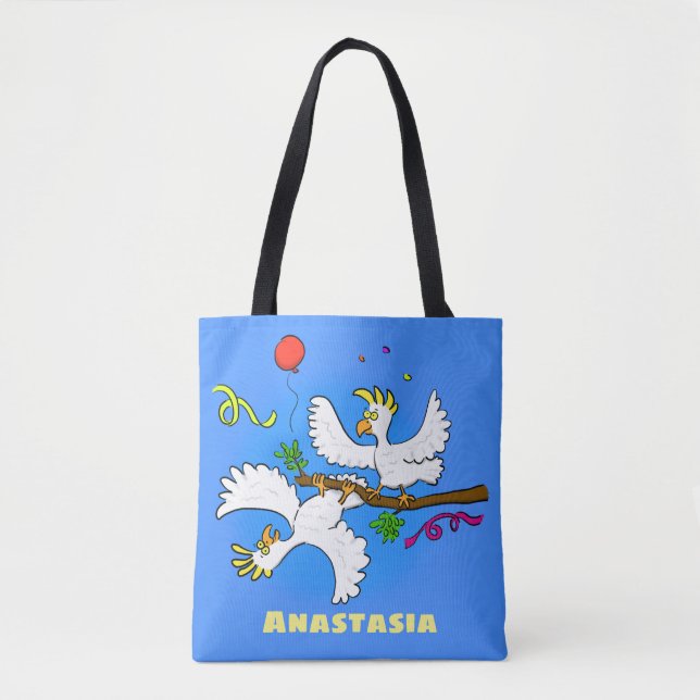 Cute funny cockatoo birds cartoon tote bag (Front)