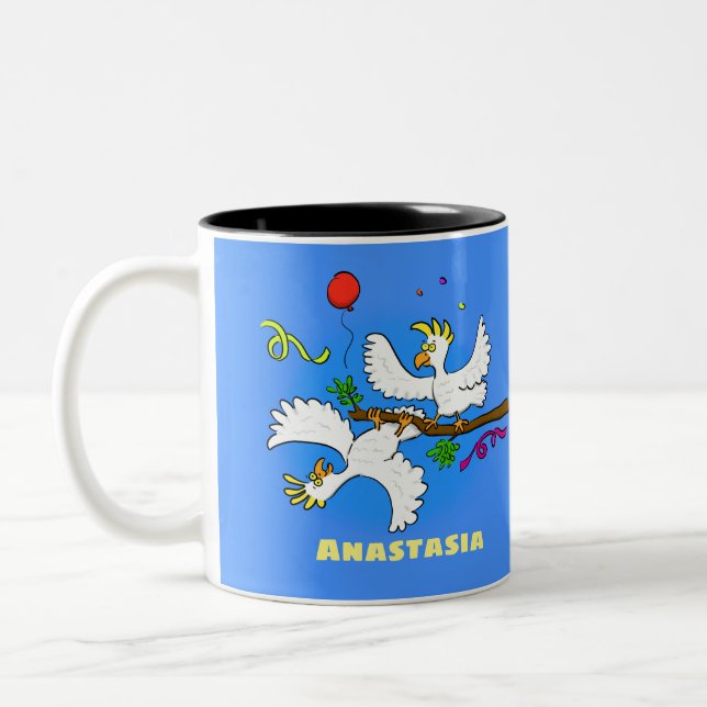 Cute funny cockatoo birds cartoon Two-Tone coffee mug (Left)