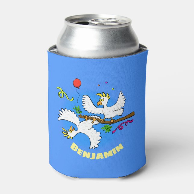 Cute funny cockatoo birds party cartoon can cooler (Can Front)