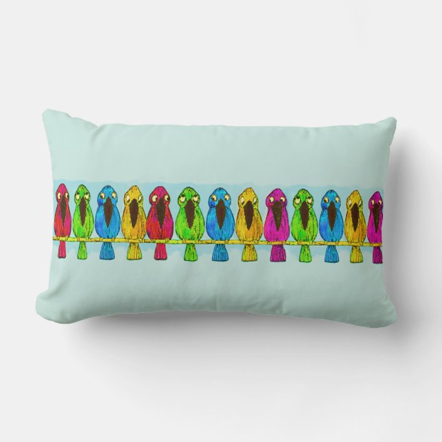 Cute Funny Colourful Birds Together Side by Side Lumbar Pillow (Front)