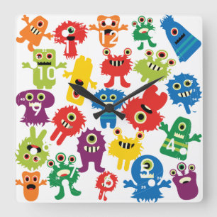 Cute Funny Colourful Monsters Pattern Square Wall Clock