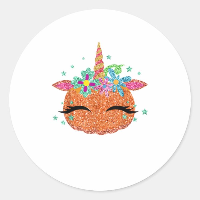 Cute Funny Colourful Unicorn Pumpkin Hal Classic Round Sticker (Front)