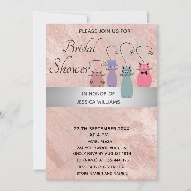 Cute funny colourful whimsy cats rose gold  marble invitation (Front)