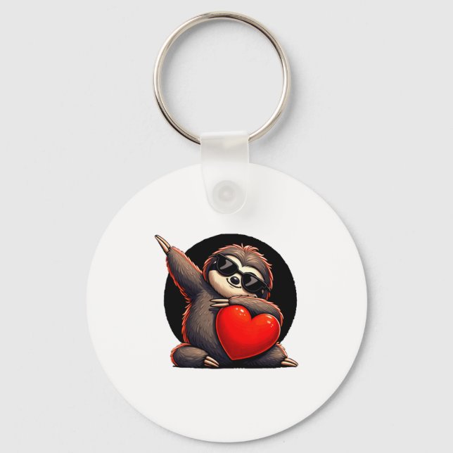 Cute Funny Cool Sloth Dabbing Heart Valentines Day Keychain (Front)