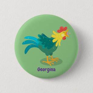 Cute funny crowing rooster cartoon illustration 2 inch round button