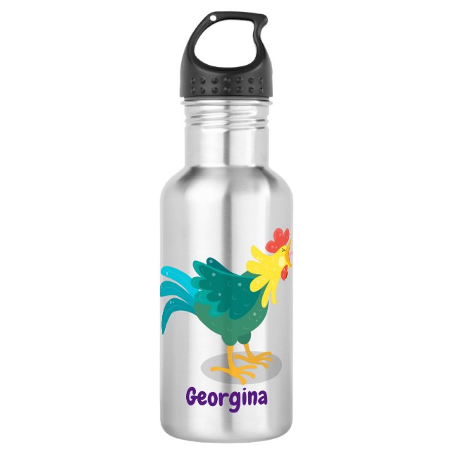 Cute funny crowing rooster cartoon illustration 532 ml water bottle (Front)