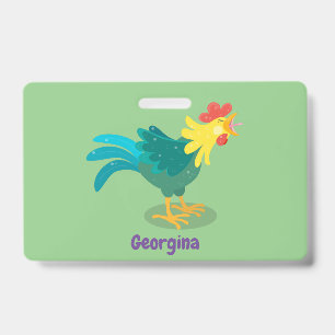 Cute funny crowing rooster cartoon illustration badge
