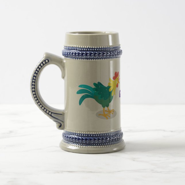 Cute funny crowing rooster cartoon illustration beer stein (Left)