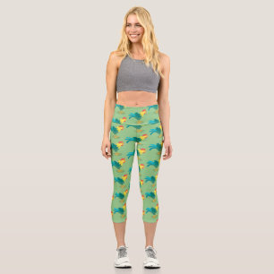 Cute funny crowing rooster cartoon illustration capri leggings