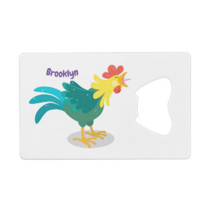 Cute funny crowing rooster cartoon illustration credit card bottle opener