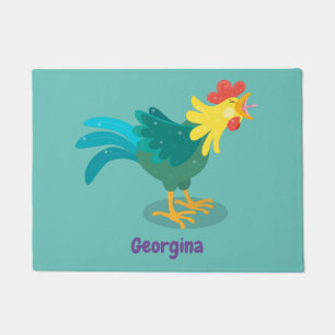 Cute funny crowing rooster cartoon illustration doormat