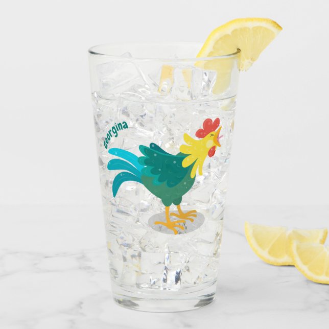 Cute funny crowing rooster cartoon illustration glass (Back Ice)