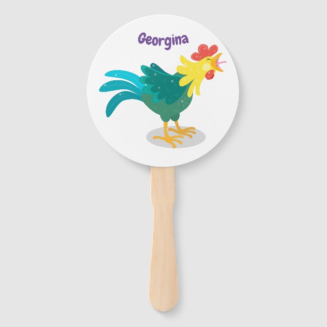 Cute funny crowing rooster cartoon illustration hand fan (Front)