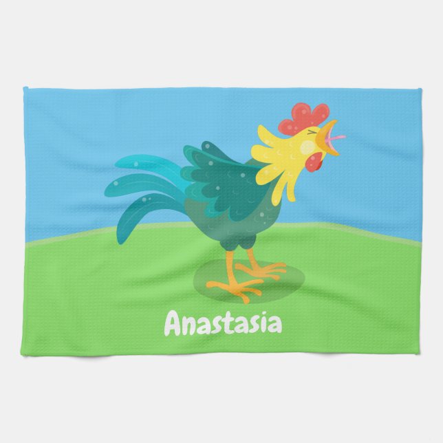 Cute funny crowing rooster cartoon illustration kitchen towel (Horizontal)