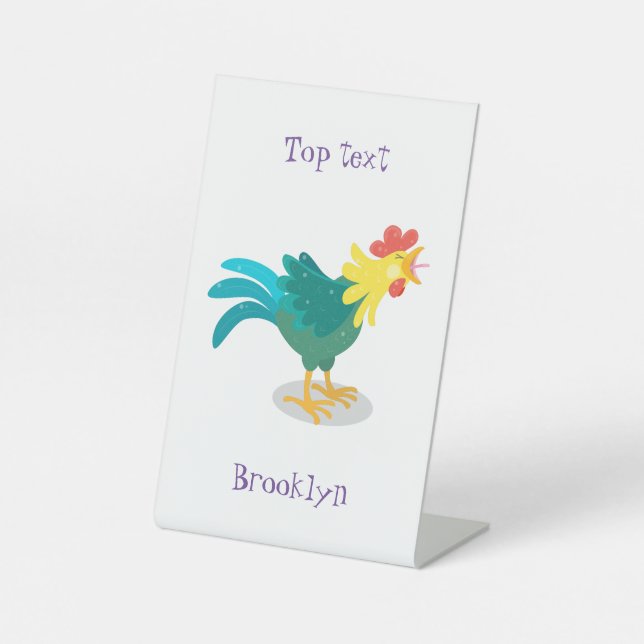 Cute funny crowing rooster cartoon illustration pedestal sign (Front)