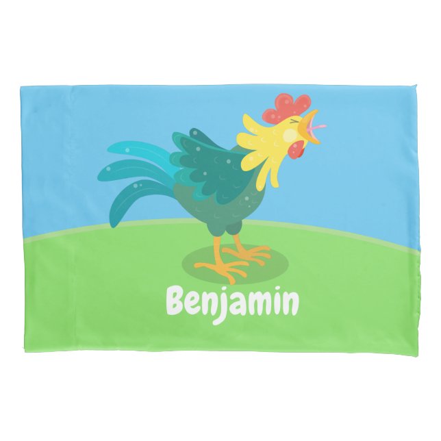 Cute funny crowing rooster cartoon illustration pillowcase (Front)