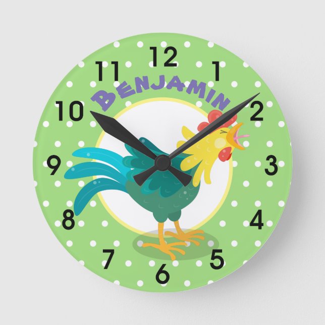 Cute funny crowing rooster cartoon illustration round clock (Front)