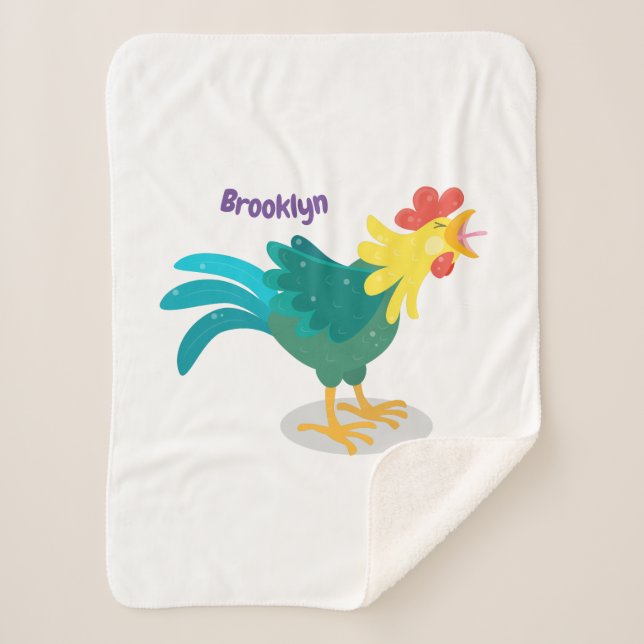 Cute funny crowing rooster cartoon illustration sherpa blanket (Front)