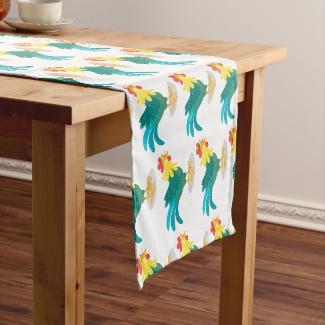 Cute funny crowing rooster cartoon illustration short table runner (In Situ)