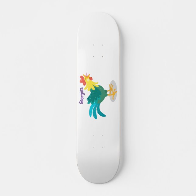Cute funny crowing rooster cartoon illustration skateboard (Front)