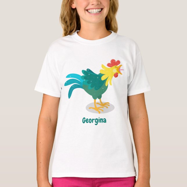 Cute funny crowing rooster cartoon illustration T-Shirt (Front)