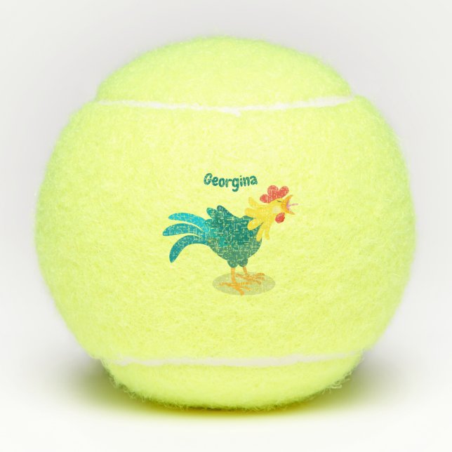 Cute funny crowing rooster cartoon illustration tennis balls (Front)