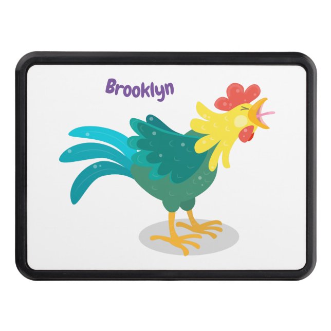 Cute funny crowing rooster cartoon illustration trailer hitch cover (Front)